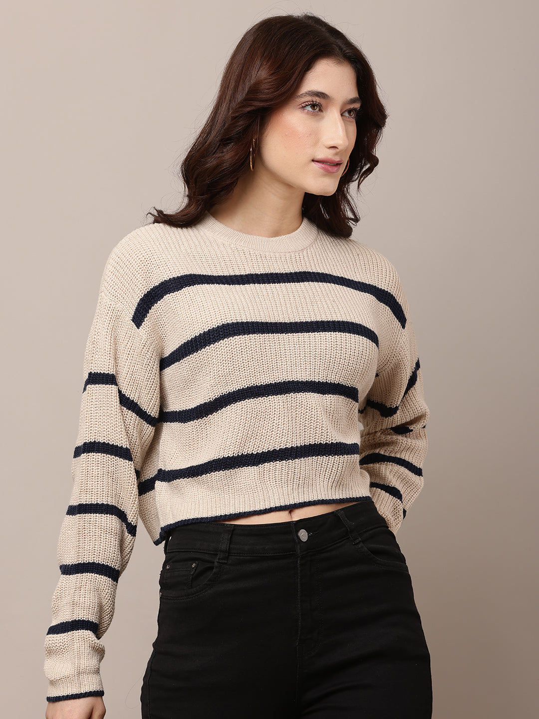 Acrylic Round Neck with Full Sleeve Striped Beige Sweater