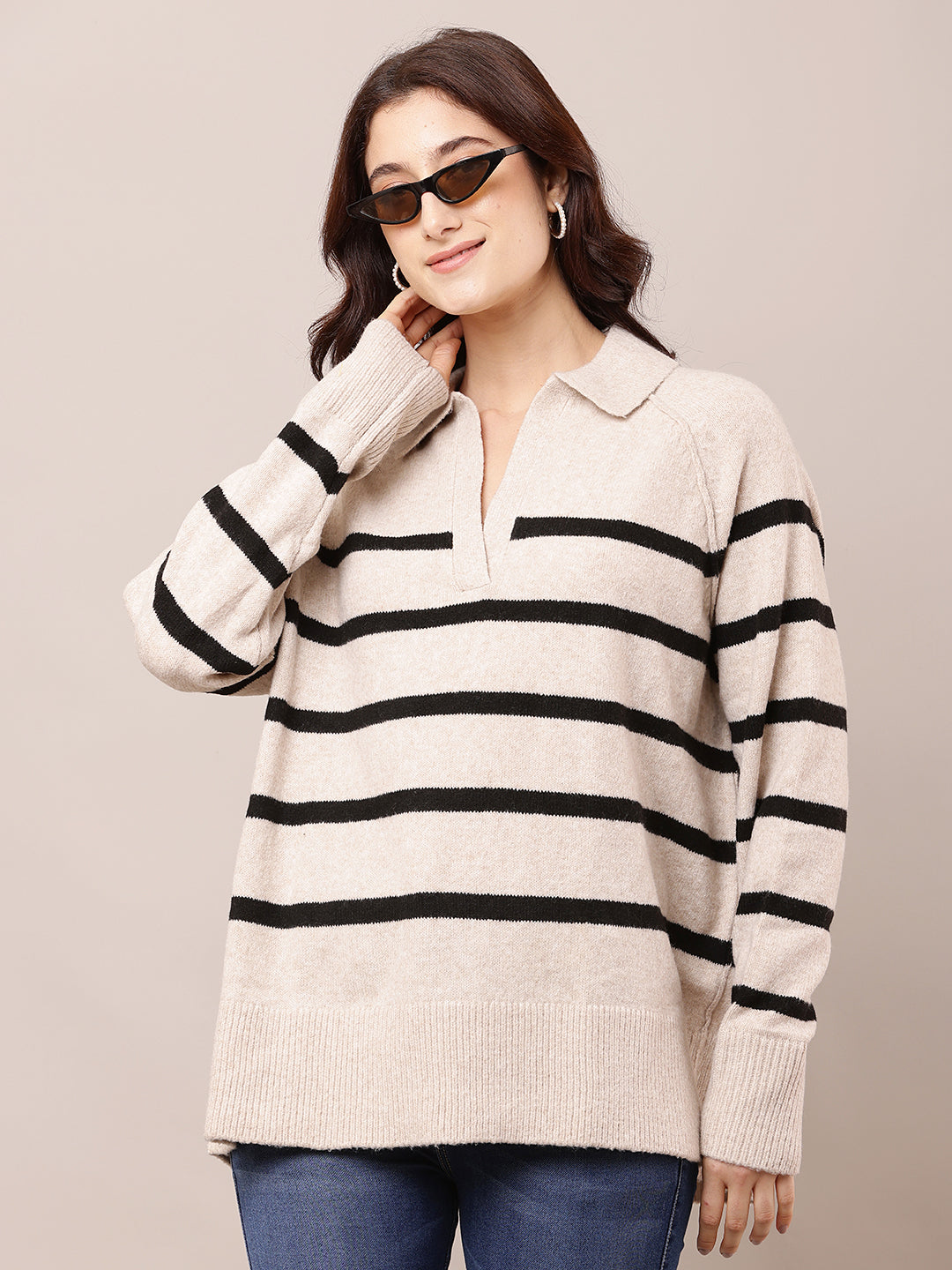 Polyester Full Sleeve with V-Neck Striped Beige Baggy Sweater