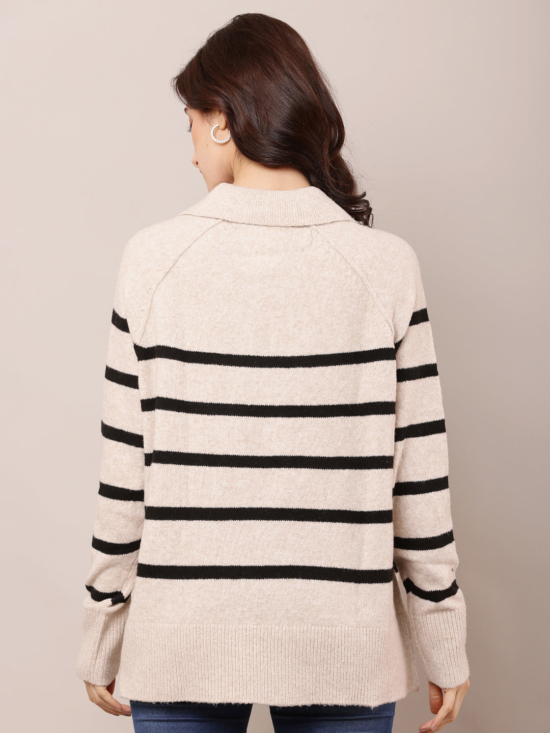Polyester Full Sleeve with V-Neck Striped Beige Baggy Sweater