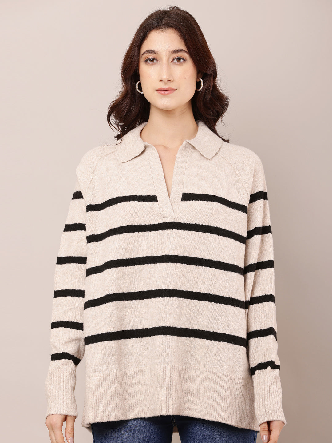 Polyester Full Sleeve with V-Neck Striped Beige Baggy Sweater