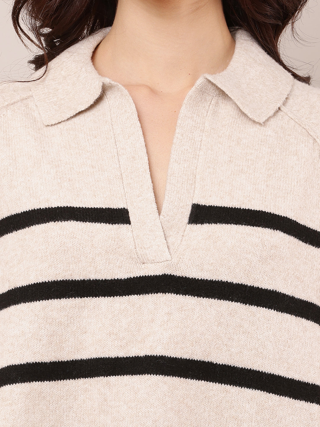 Polyester Full Sleeve with V-Neck Striped Beige Baggy Sweater
