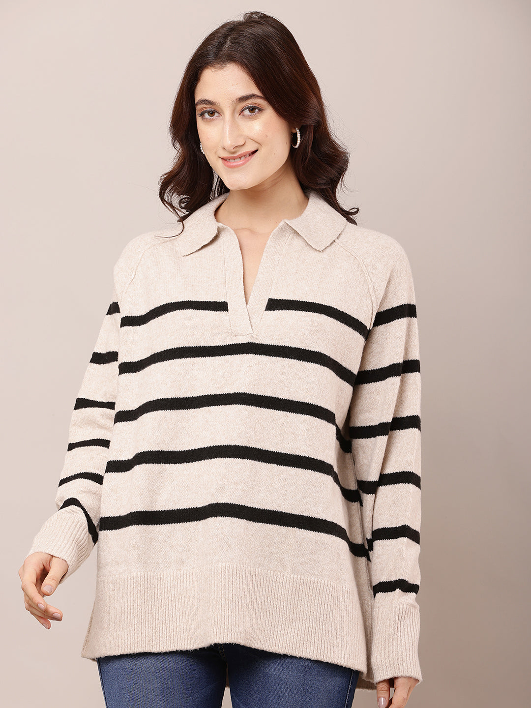 Polyester Full Sleeve with V-Neck Striped Beige Baggy Sweater