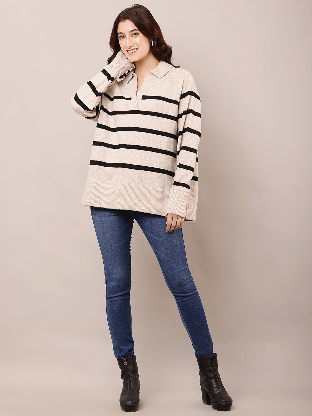 Polyester Full Sleeve with V-Neck Striped Beige Baggy Sweater