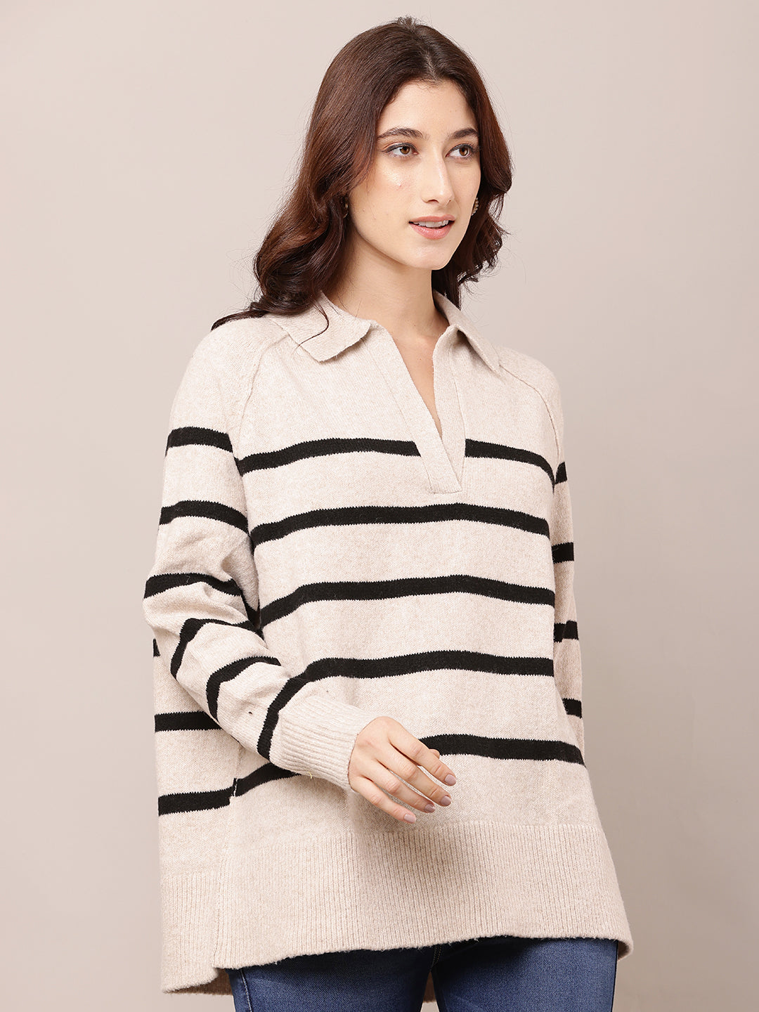 Polyester Full Sleeve with V-Neck Striped Beige Baggy Sweater