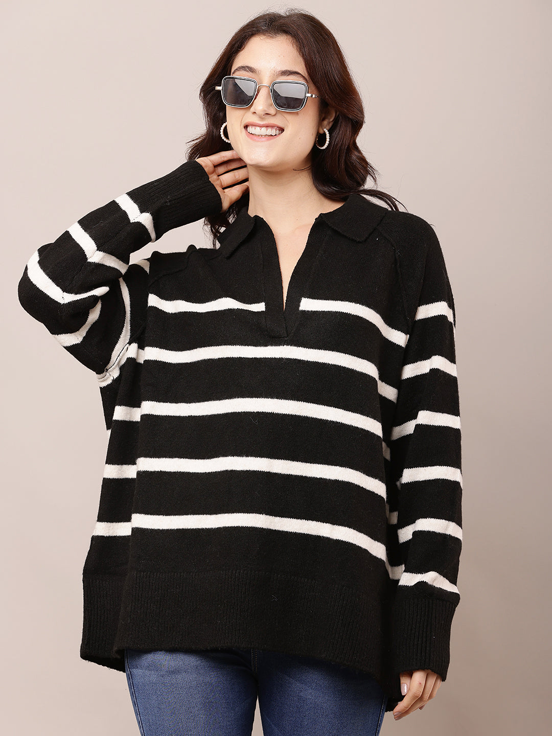 Polyester Full Sleeve with V-Neck Striped Black Baggy Sweater