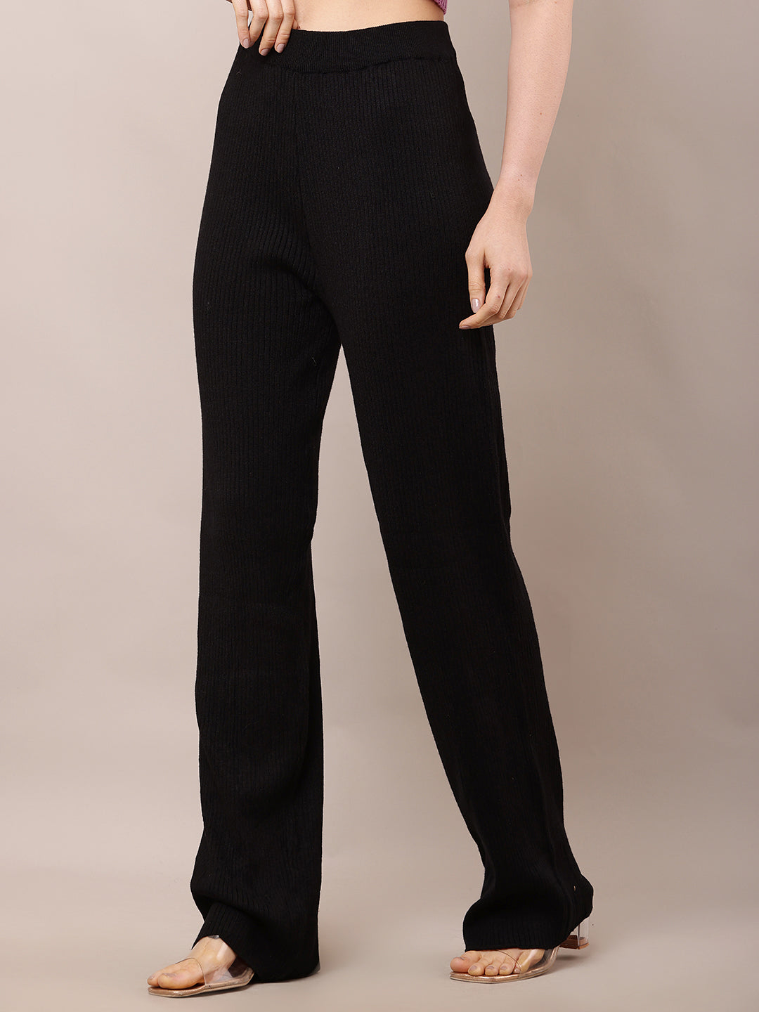 Acrylic High-Rise with Elastic waist Ribbed Winter Black Trouser