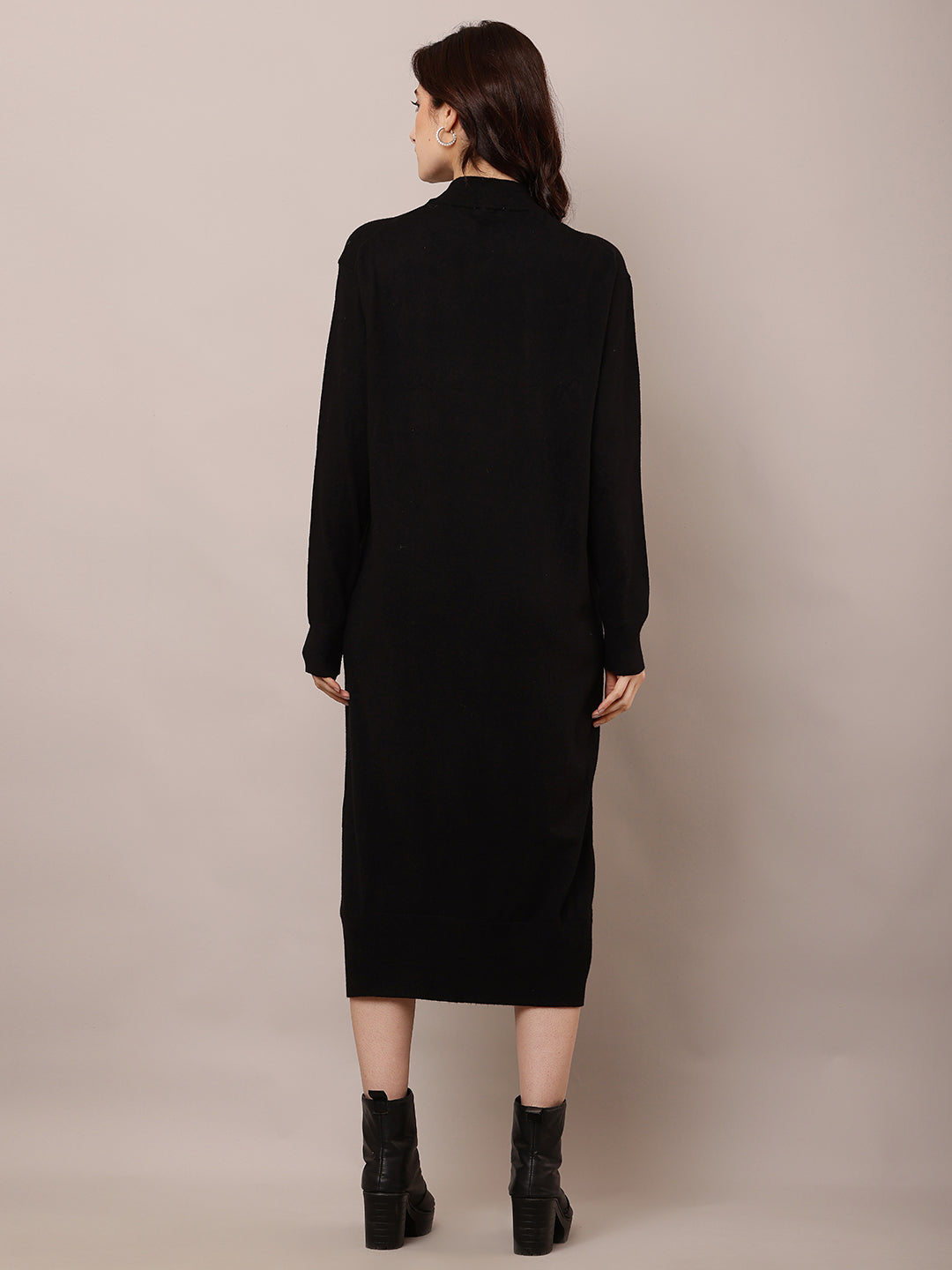 Viscose Full Sleeve with Turtle Neck Black Straight Dress