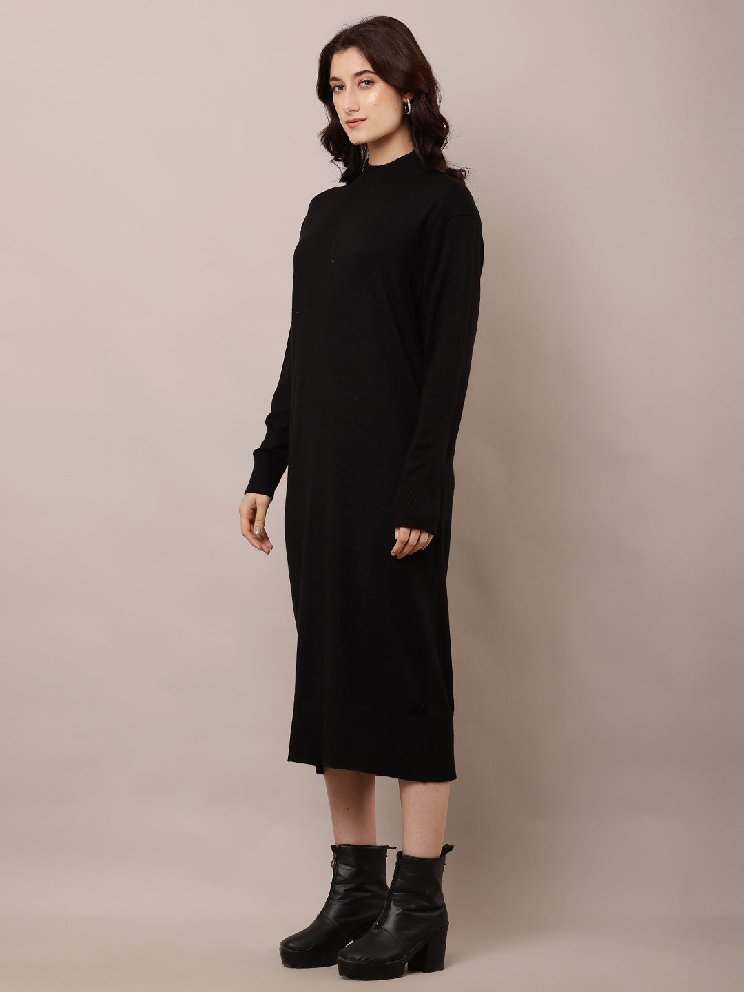 Viscose Full Sleeve with Turtle Neck Black Straight Dress