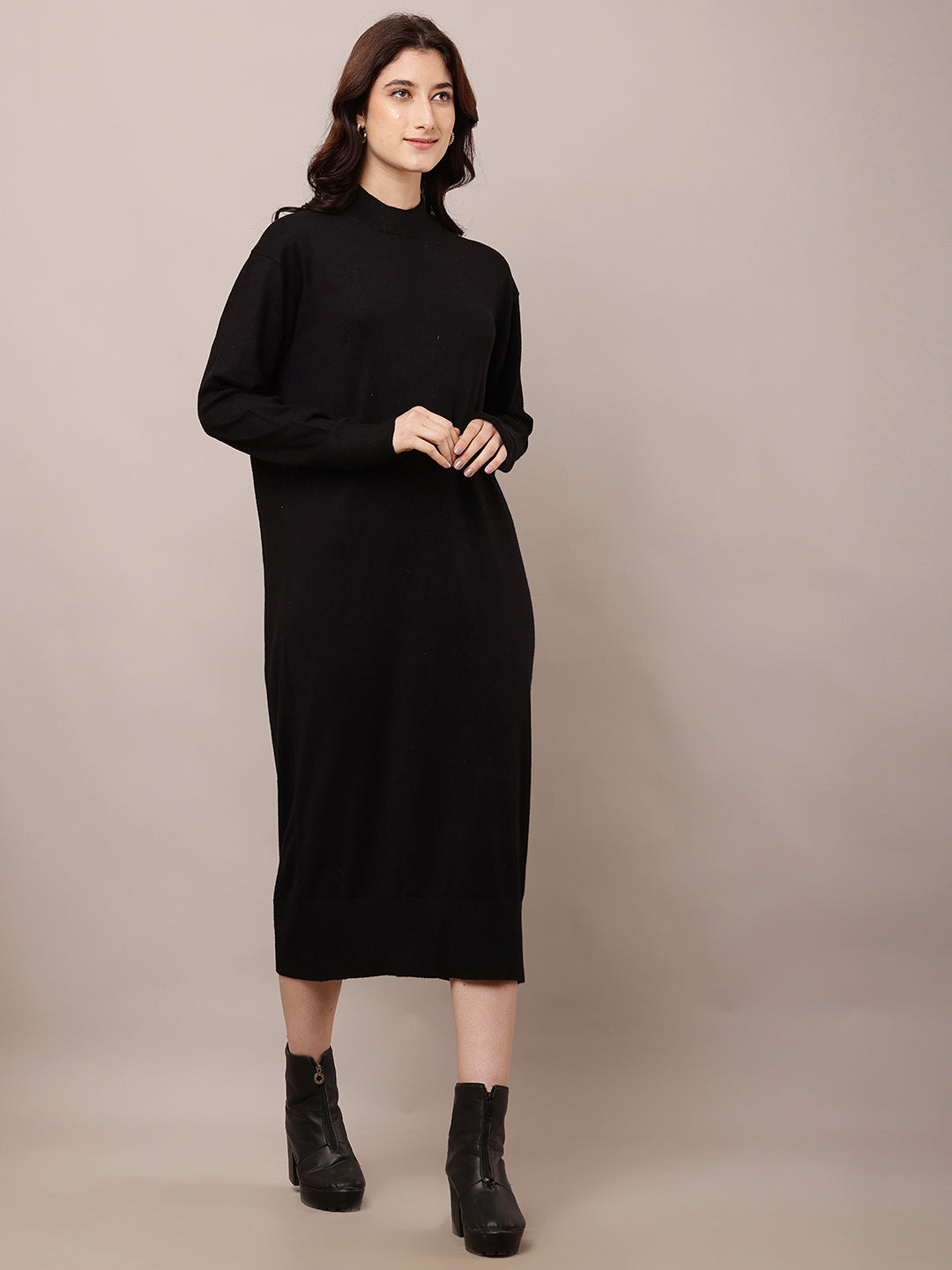 Viscose Full Sleeve with Turtle Neck Black Straight Dress