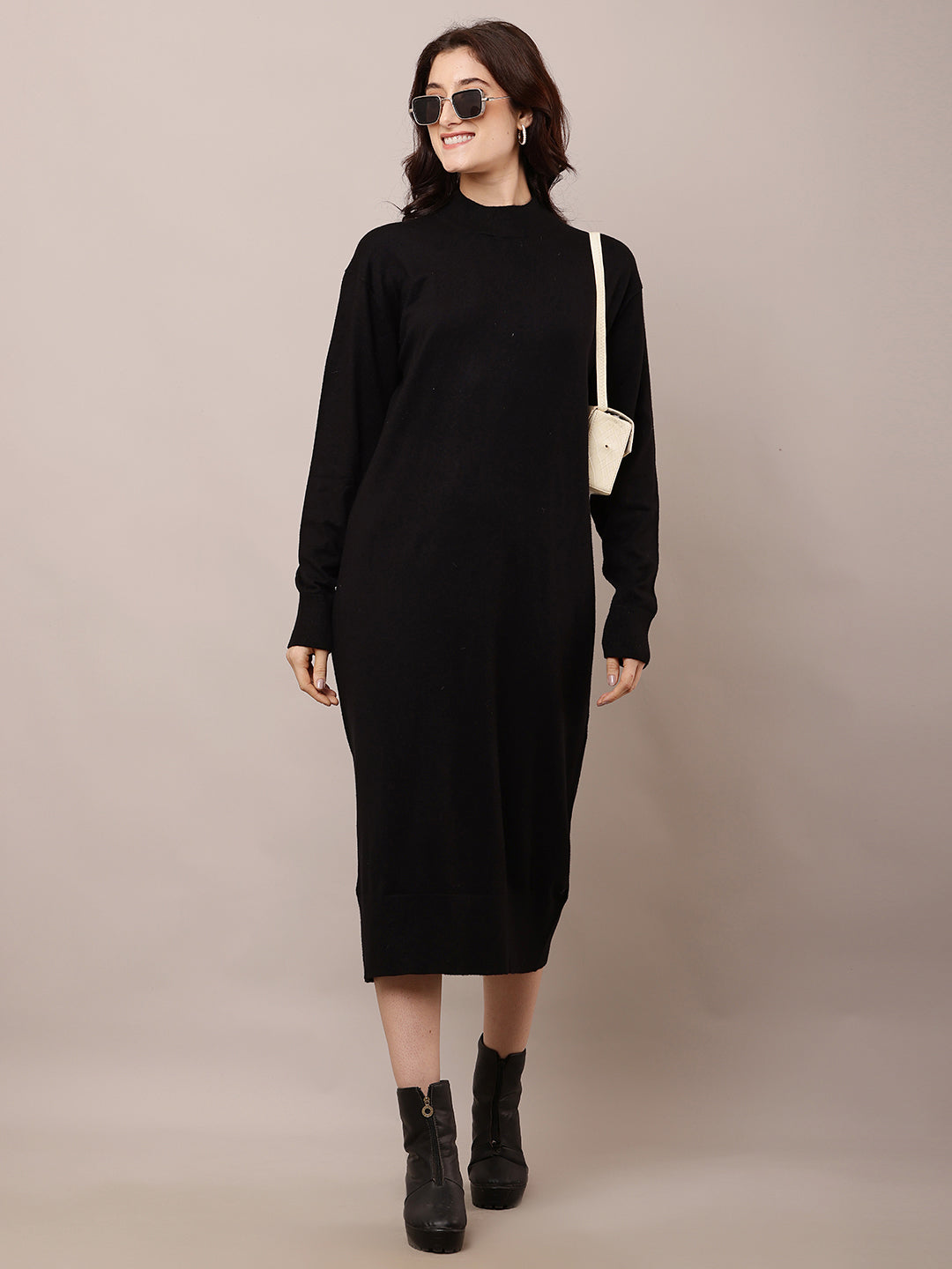 Viscose Full Sleeve with Turtle Neck Black Straight Dress