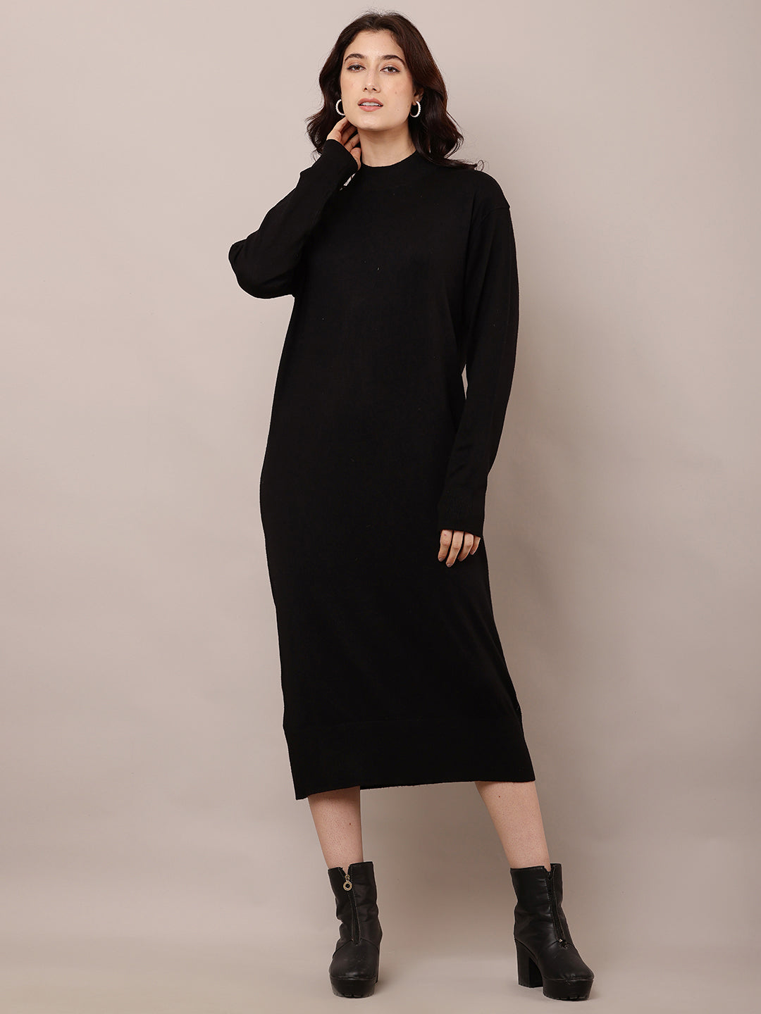Viscose Full Sleeve with Turtle Neck Black Straight Dress