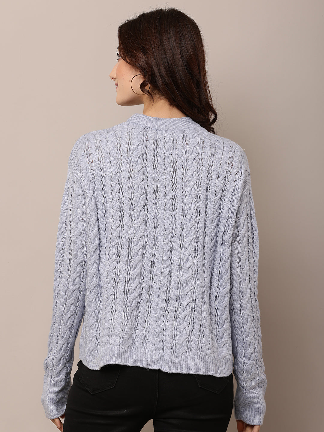 Acrylic Full Sleeve with Round Neck cable knit Blue Sweater