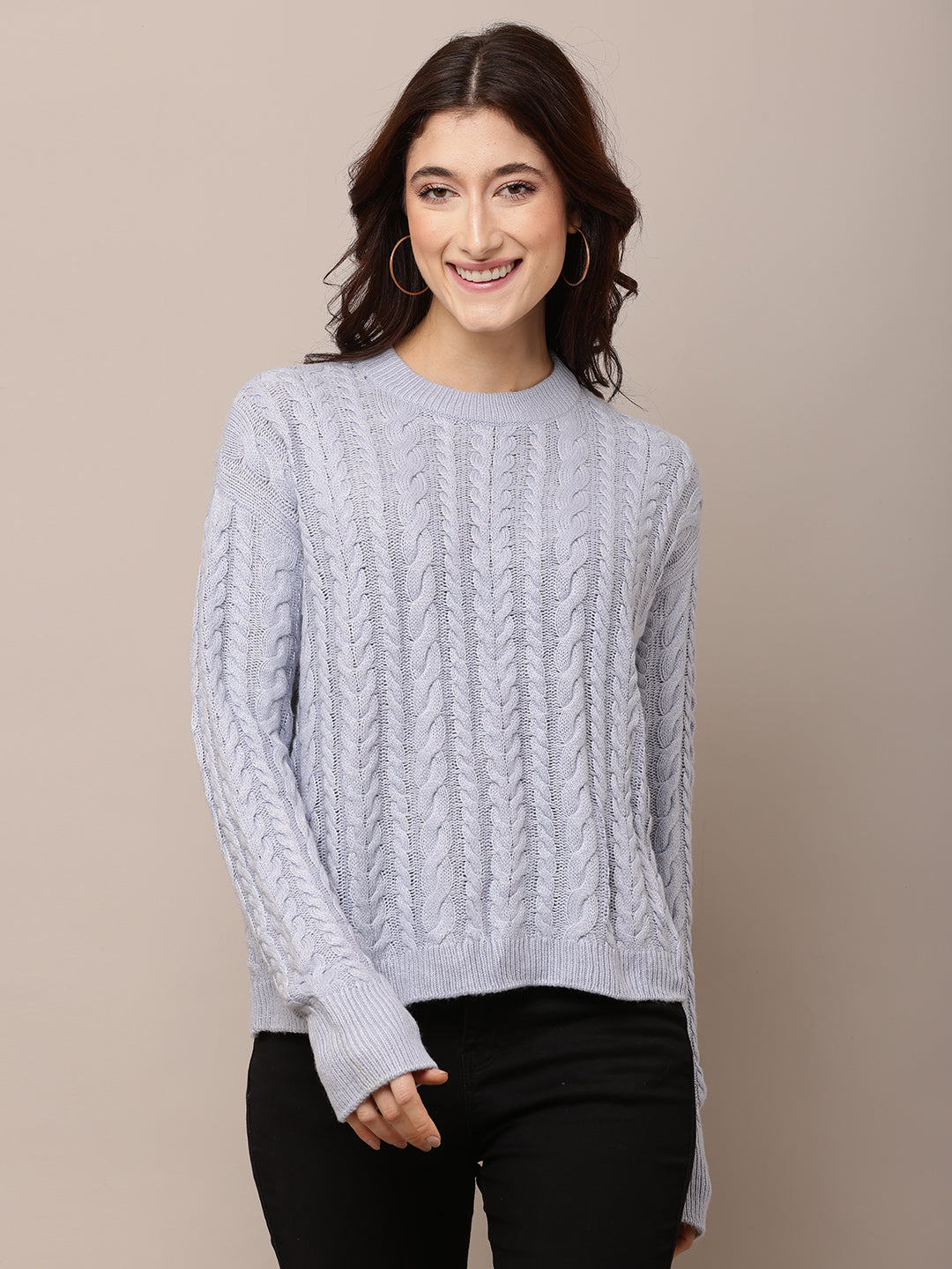 Acrylic Full Sleeve with Round Neck cable knit Blue Sweater