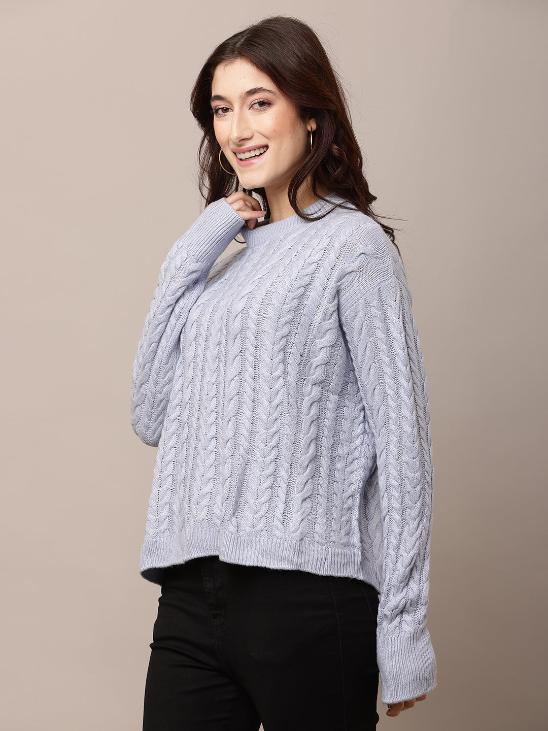 Acrylic Full Sleeve with Round Neck cable knit Blue Sweater