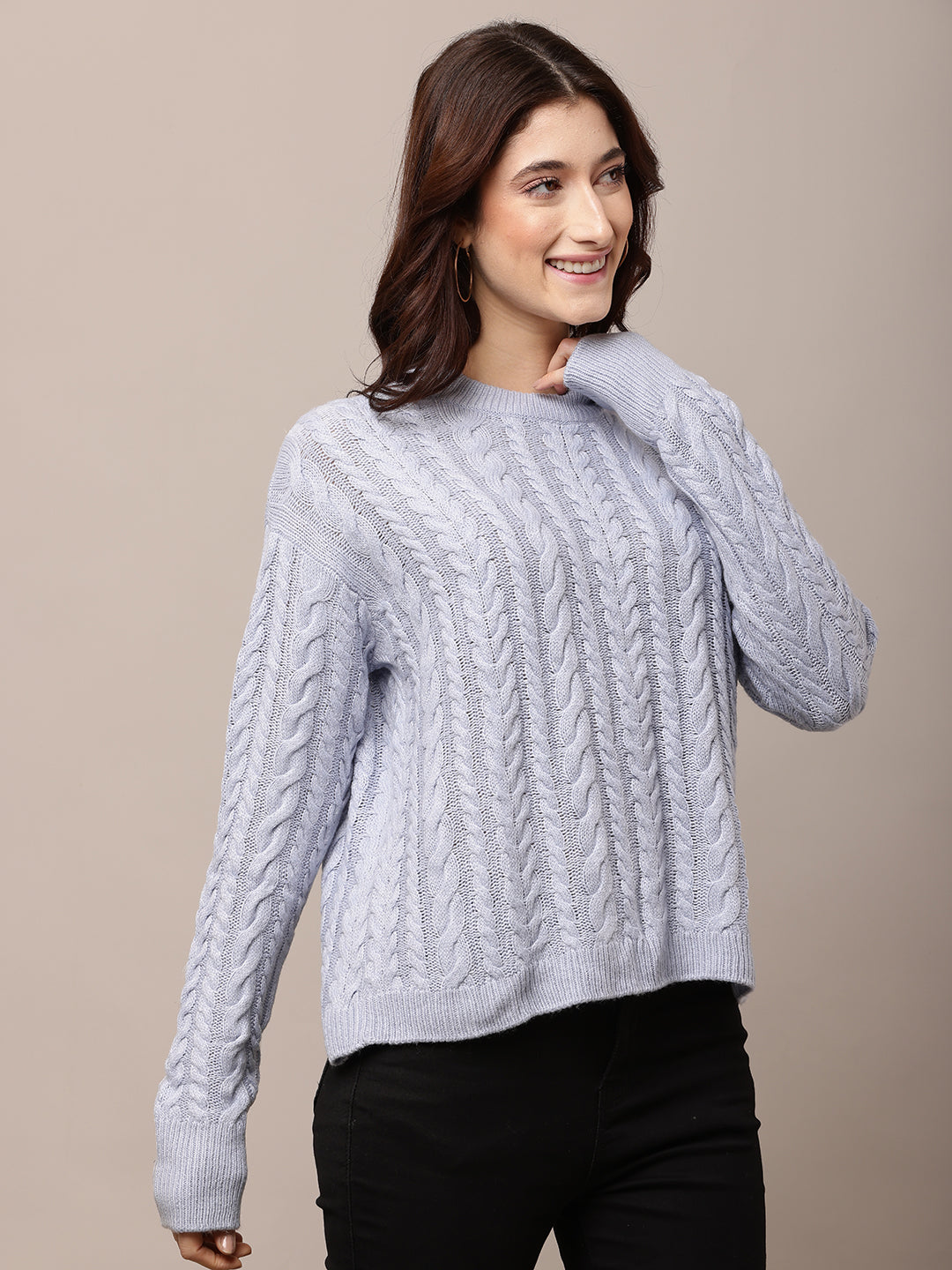 Acrylic Full Sleeve with Round Neck cable knit Blue Sweater