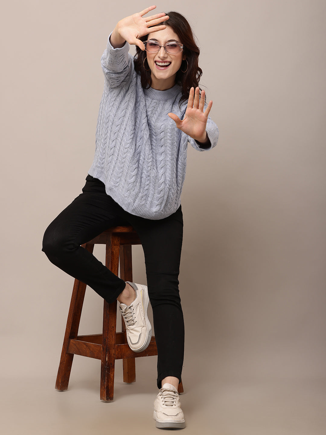 Acrylic Full Sleeve with Round Neck cable knit Blue Sweater