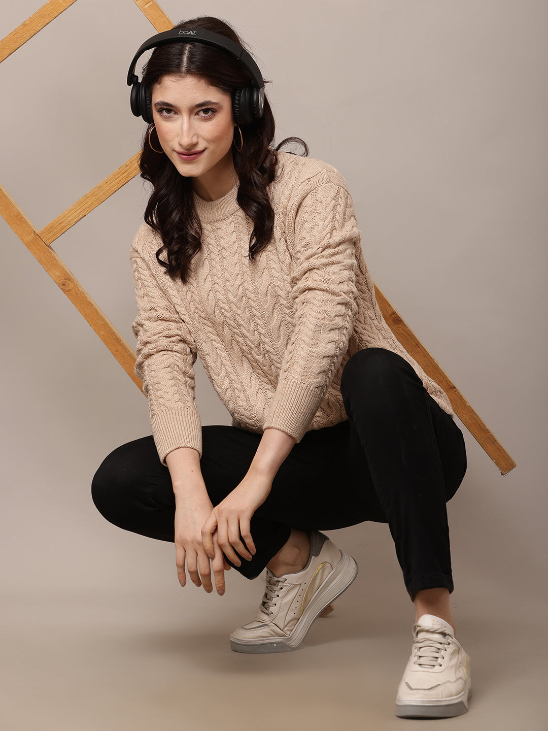 Acrylic Full Sleeve with Round Neck cable knit Grey Sweater
