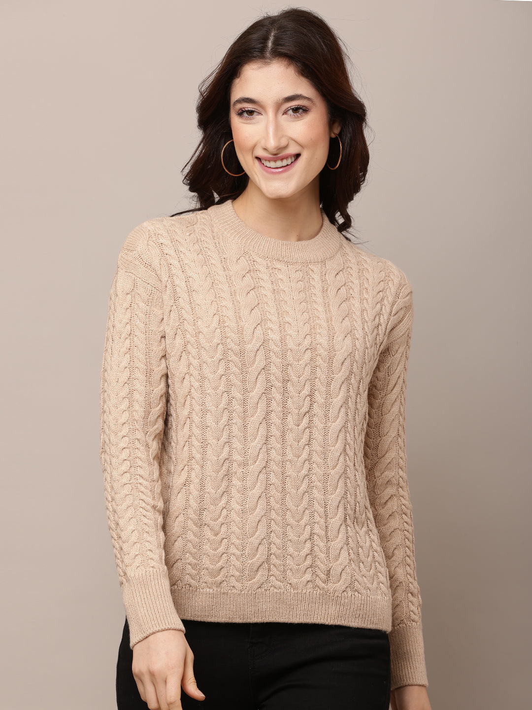 Acrylic Full Sleeve with Round Neck cable knit Grey Sweater