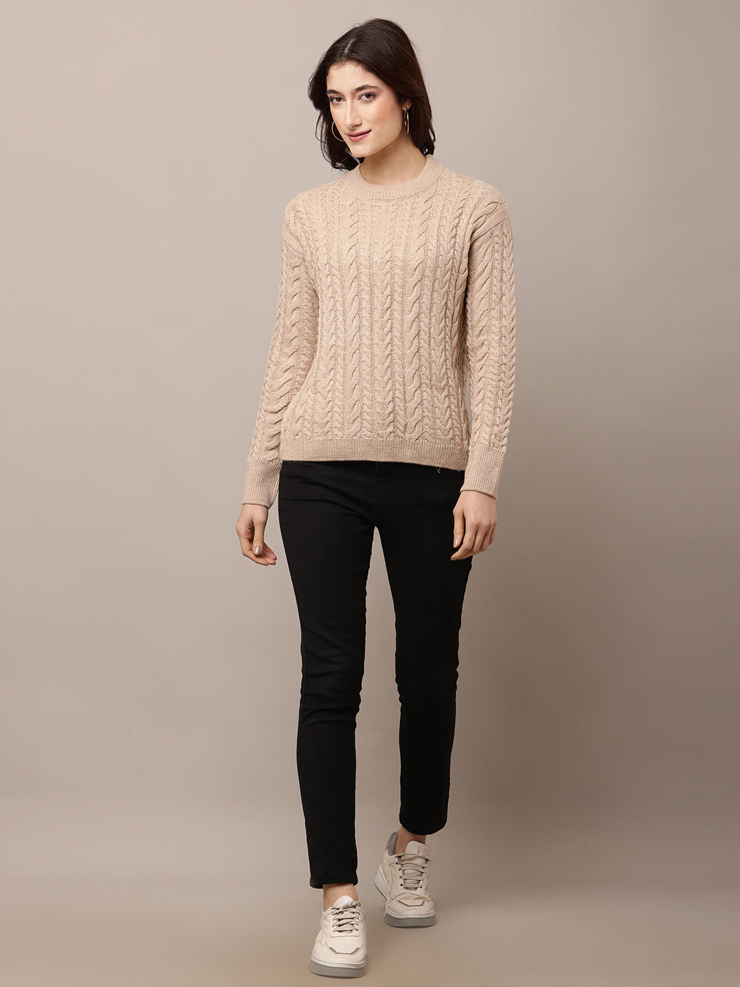 Acrylic Full Sleeve with Round Neck cable knit Grey Sweater