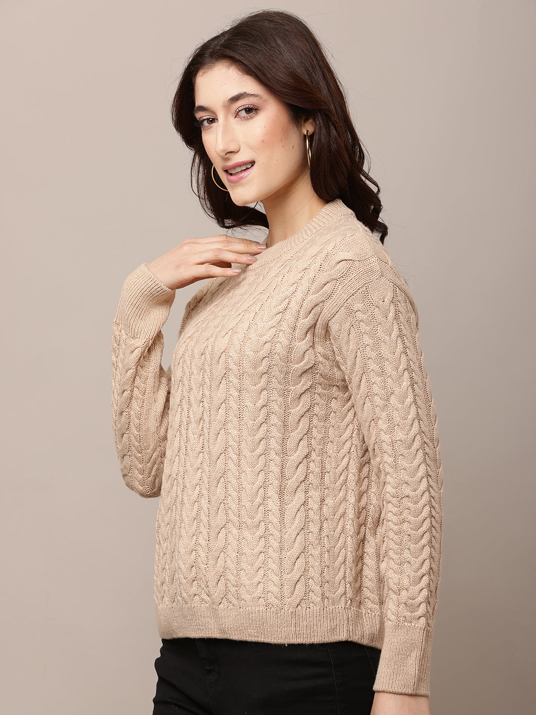 Acrylic Full Sleeve with Round Neck cable knit Grey Sweater