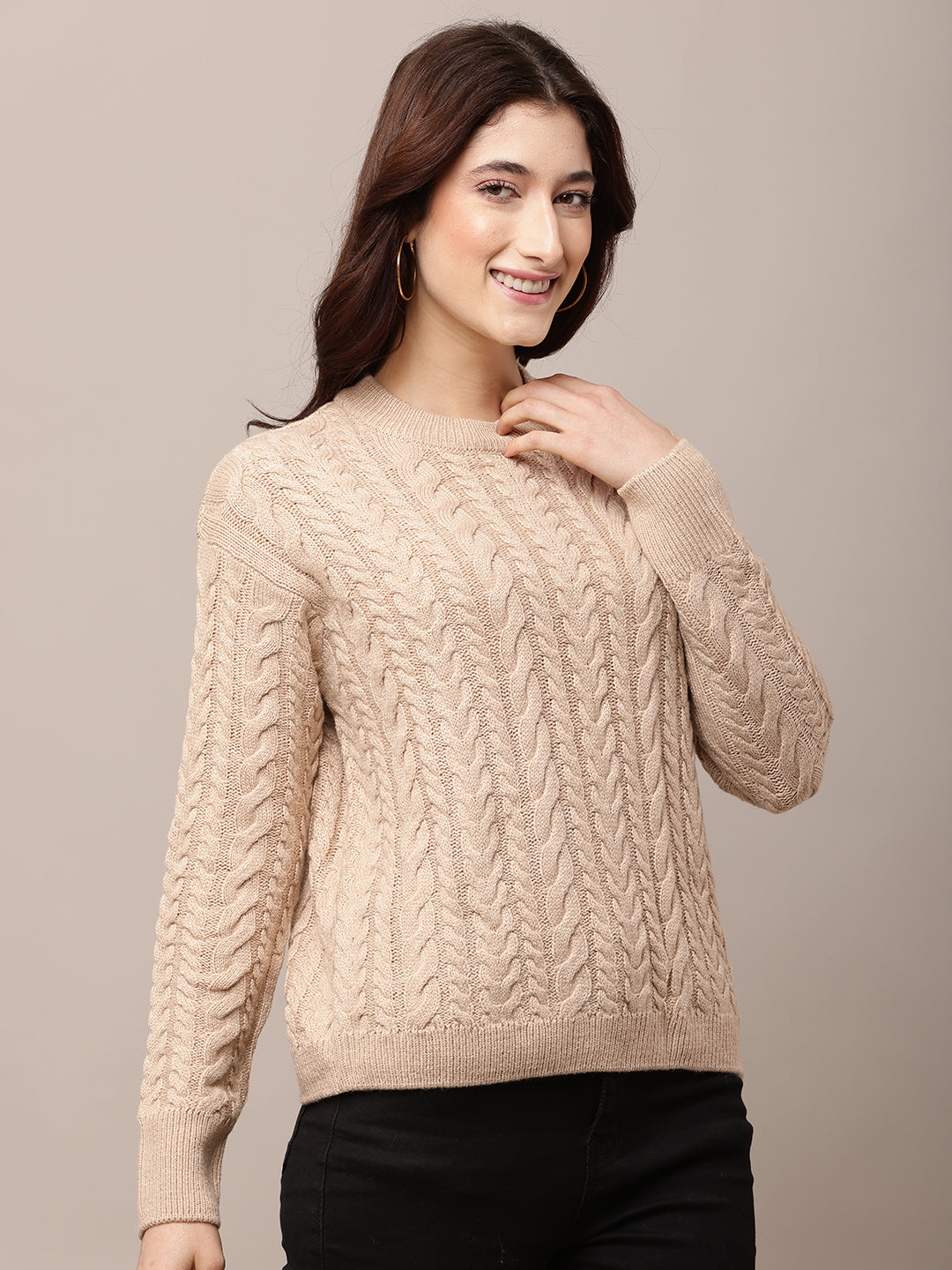 Acrylic Full Sleeve with Round Neck cable knit Grey Sweater