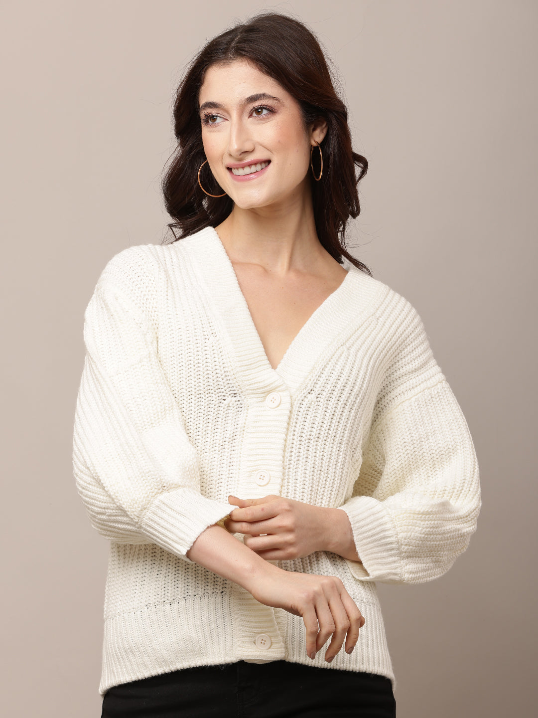 Acrylic Full Sleeve with V-Neck White Cardigan