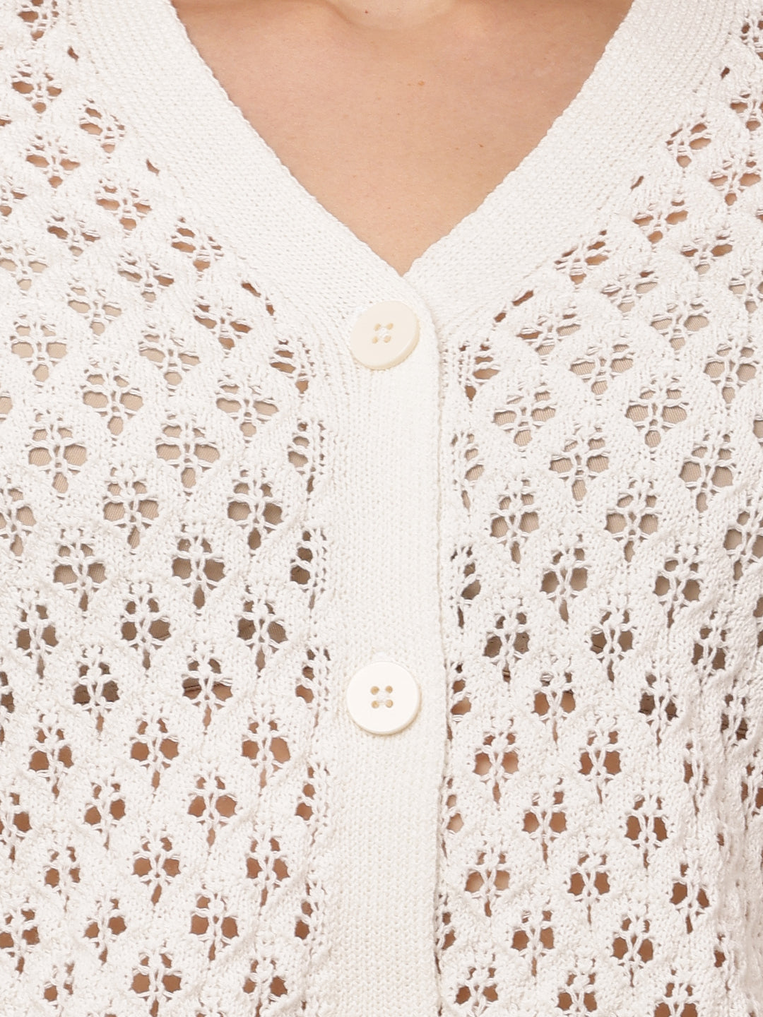 Polyester V-Neck with ¾ Sleeve white Crochet Cardigan