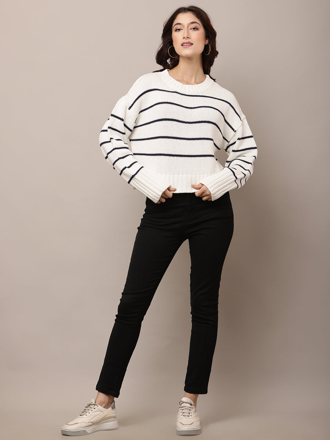 Acrylic Full Sleeve with Round Neck White Baggy Style sweater