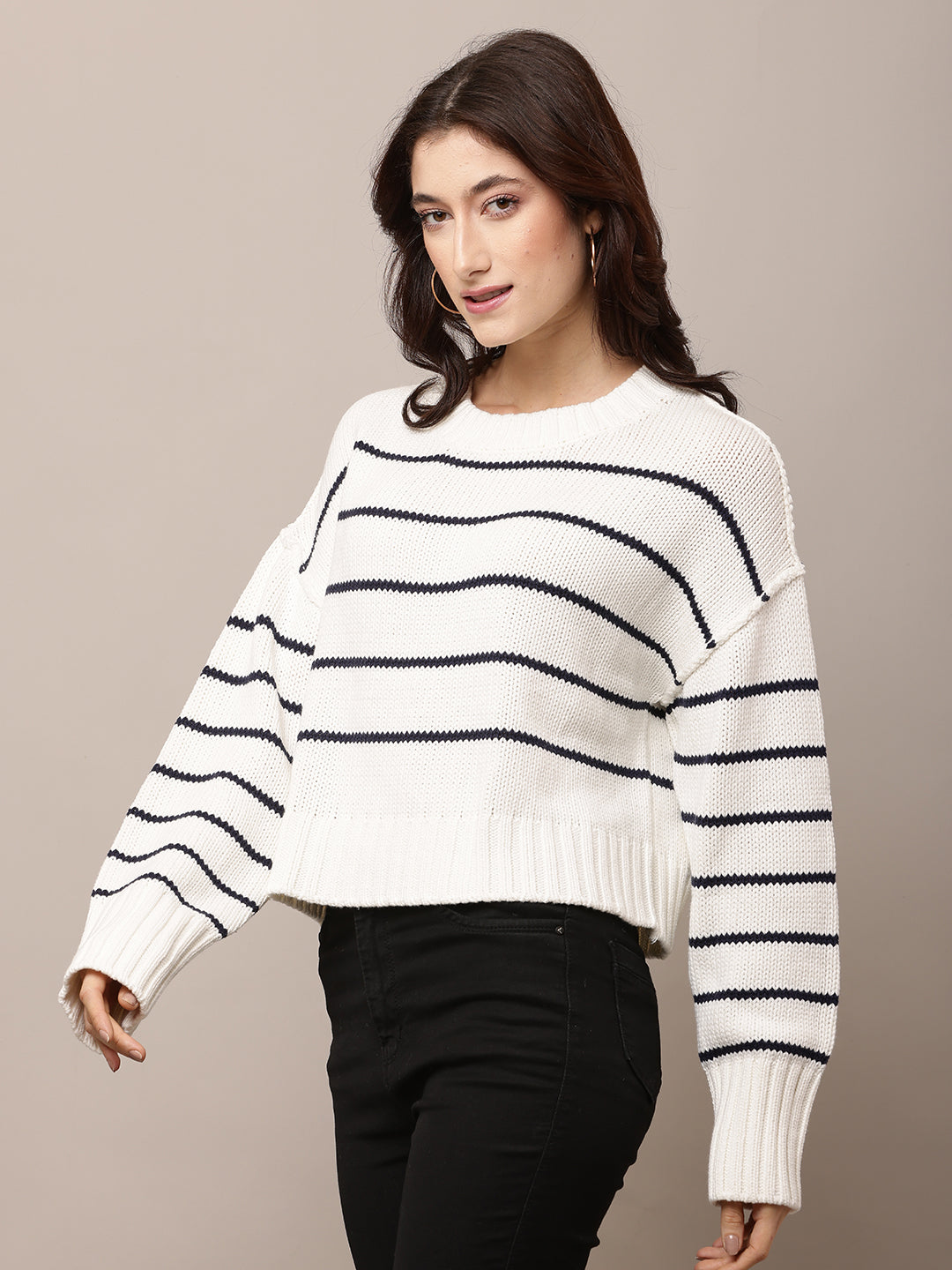 Acrylic Full Sleeve with Round Neck White Baggy Style sweater
