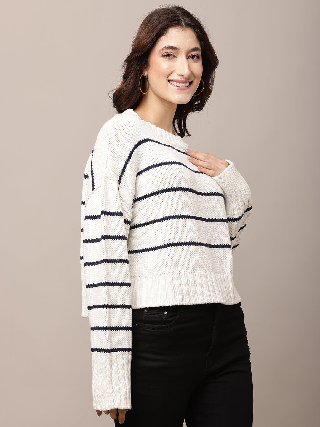 Acrylic Full Sleeve with Round Neck White Baggy Style sweater