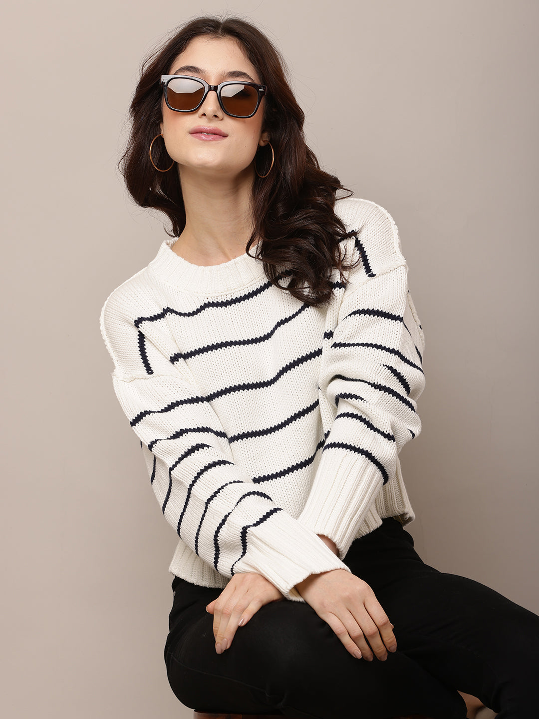 Acrylic Full Sleeve with Round Neck White Baggy Style sweater
