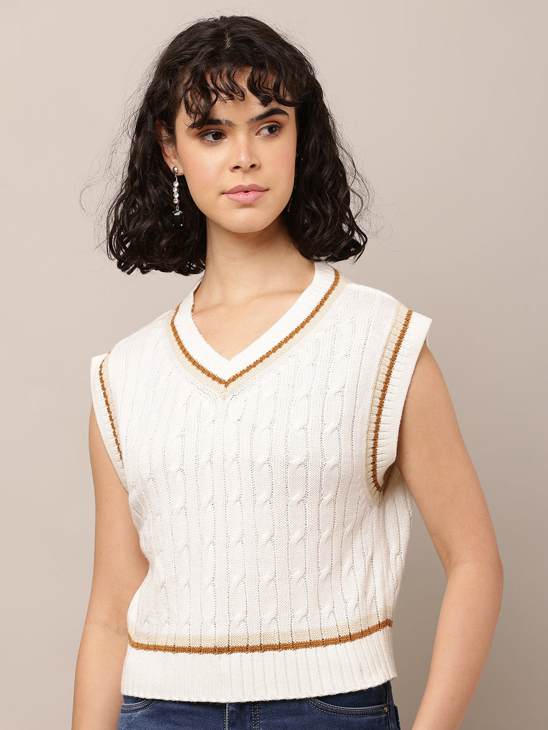 Acrylic V-Neck with Sleeveless Cable-knit White Sweater Vest