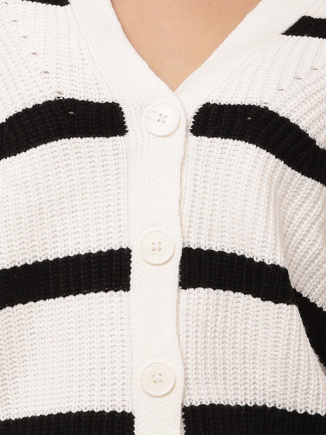 Acrylic Full Sleeve with V-Neck White Striped Cardigan