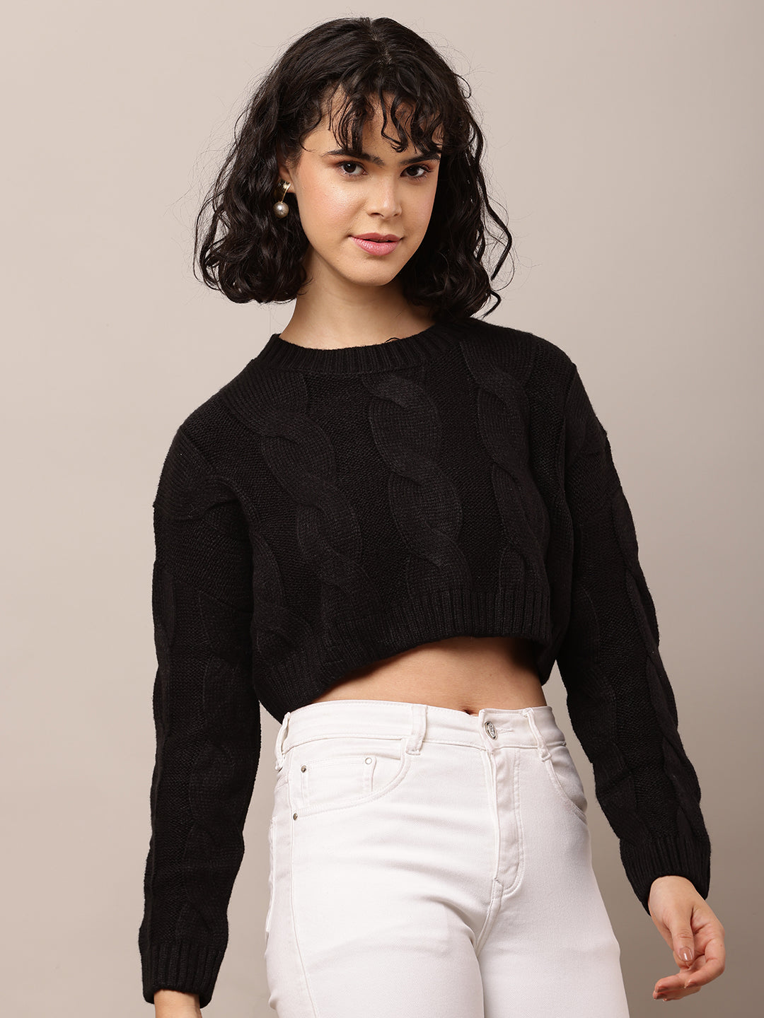 Acrylic Full Sleeve with Round Neck Black Crop Sweater