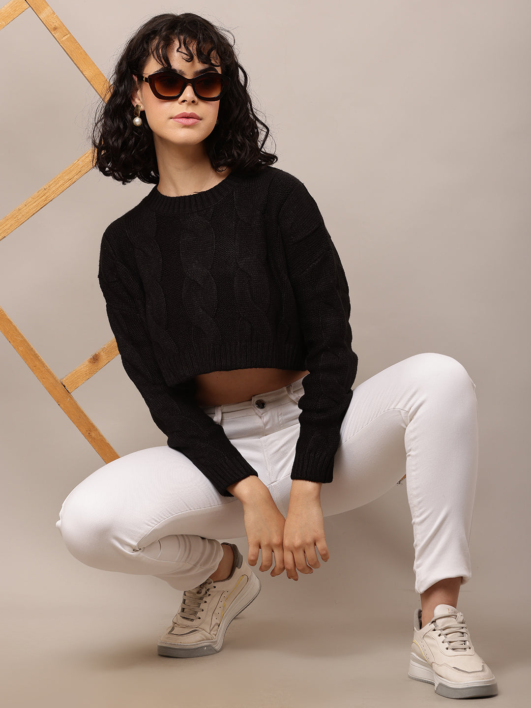 Acrylic Full Sleeve with Round Neck Black Crop Sweater