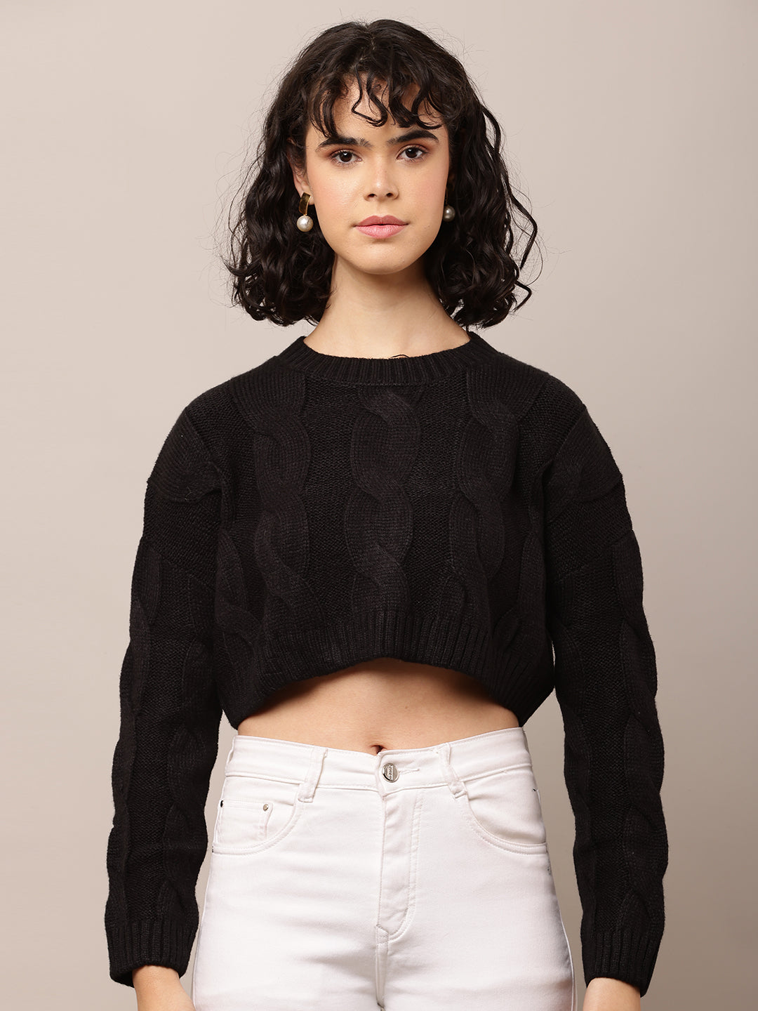 Acrylic Full Sleeve with Round Neck Black Crop Sweater