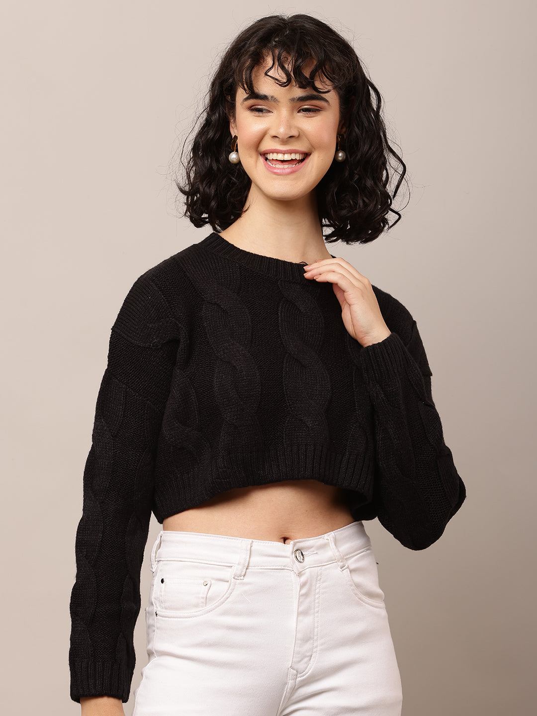 Acrylic Full Sleeve with Round Neck Black Crop Sweater