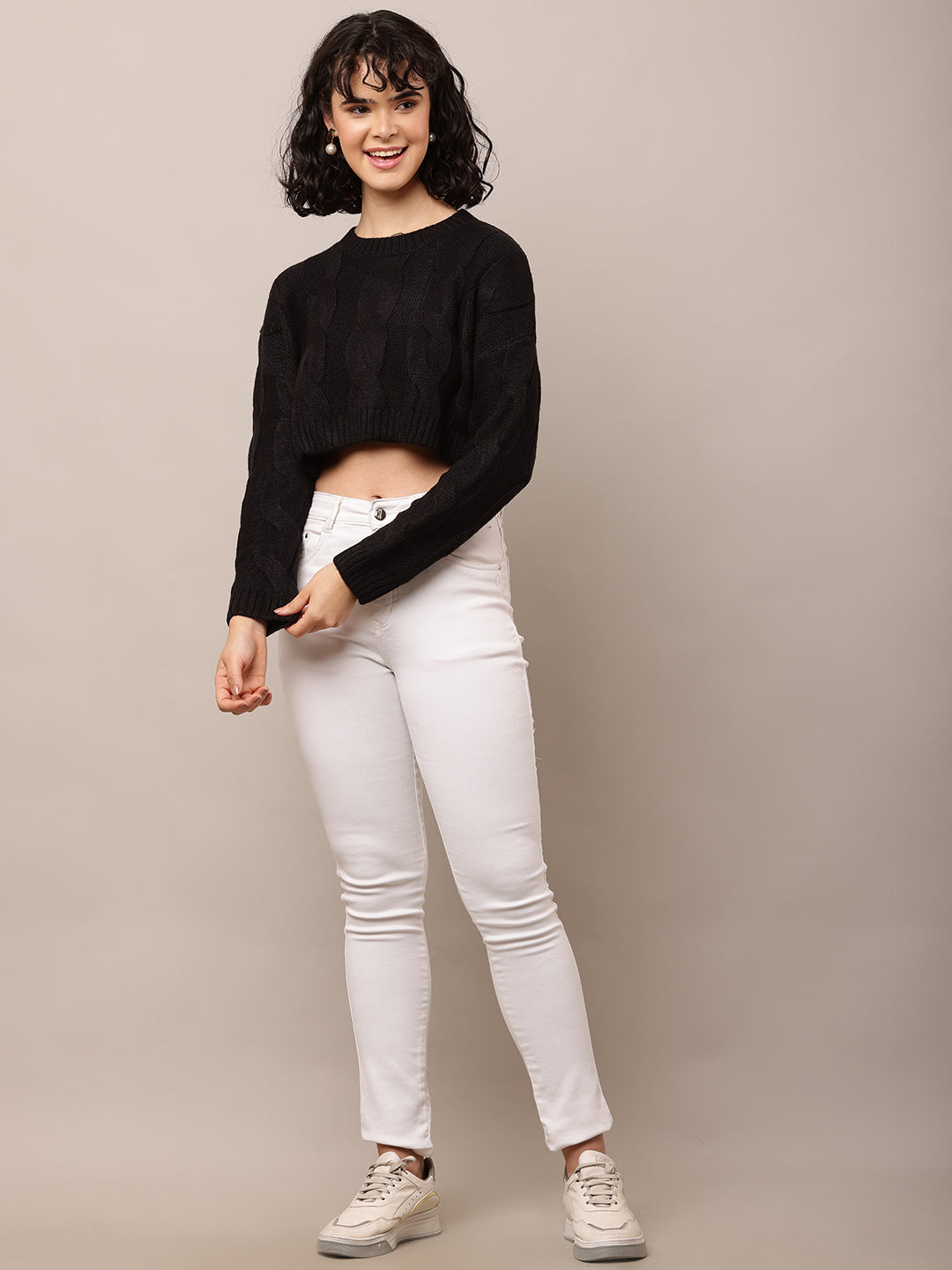 Acrylic Full Sleeve with Round Neck Black Crop Sweater