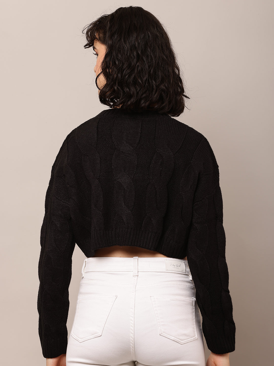 Acrylic Full Sleeve with Round Neck Black Crop Sweater