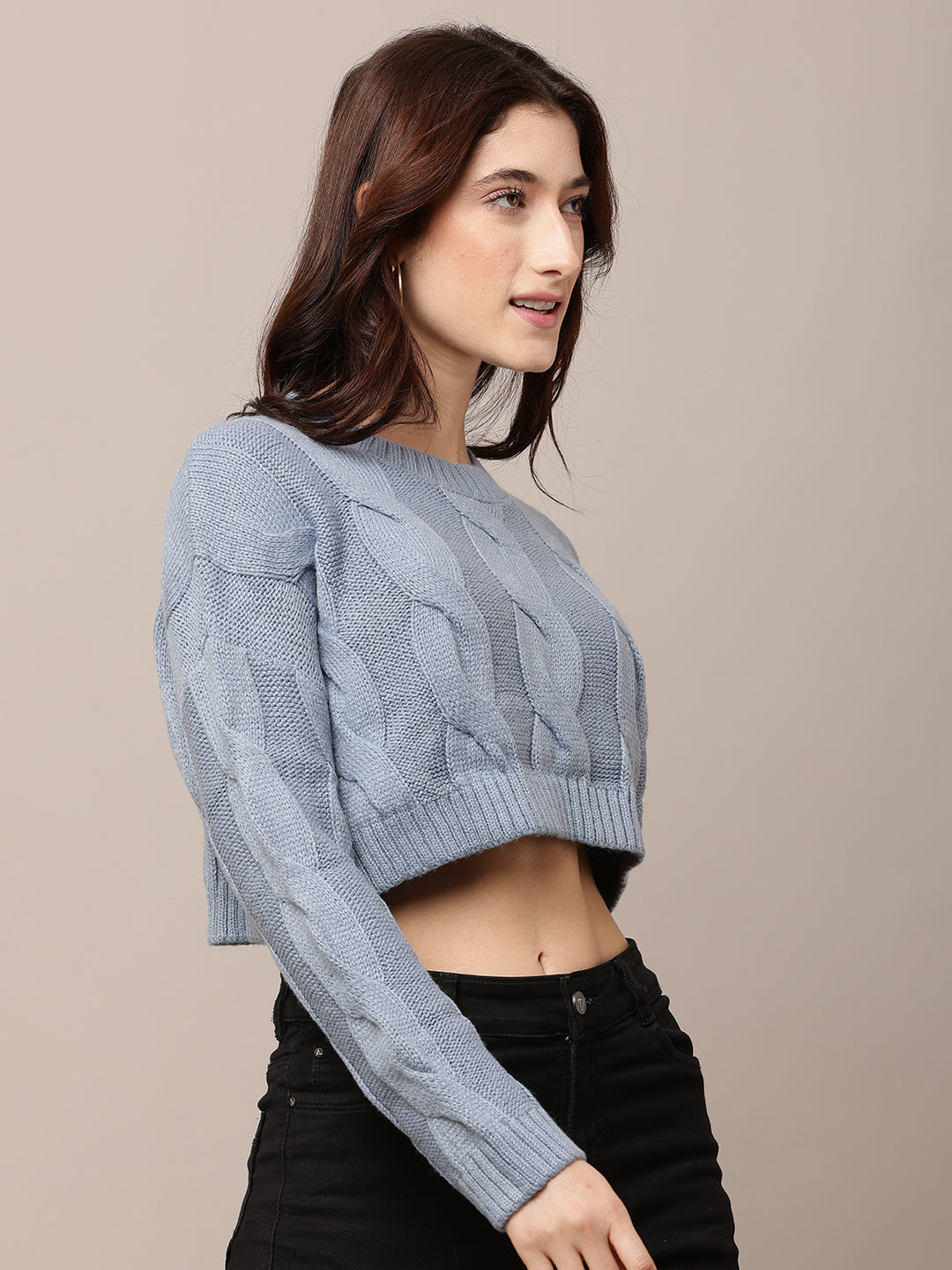 Acrylic Full Sleeve with Round Neck Blue Crop Sweater