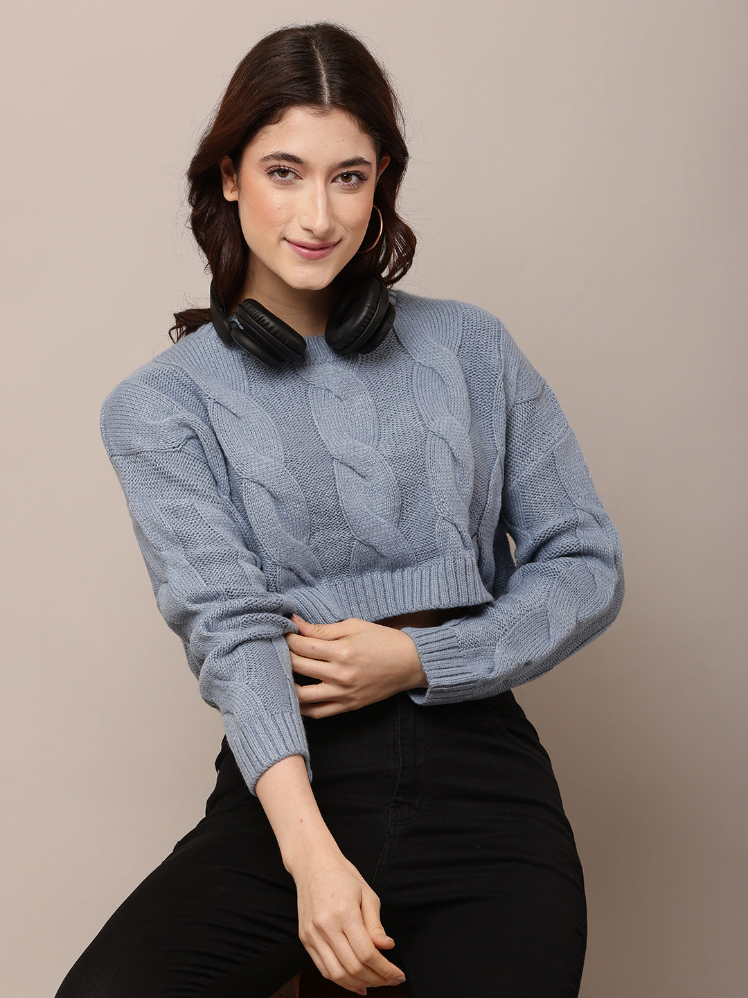 Acrylic Full Sleeve with Round Neck Blue Crop Sweater