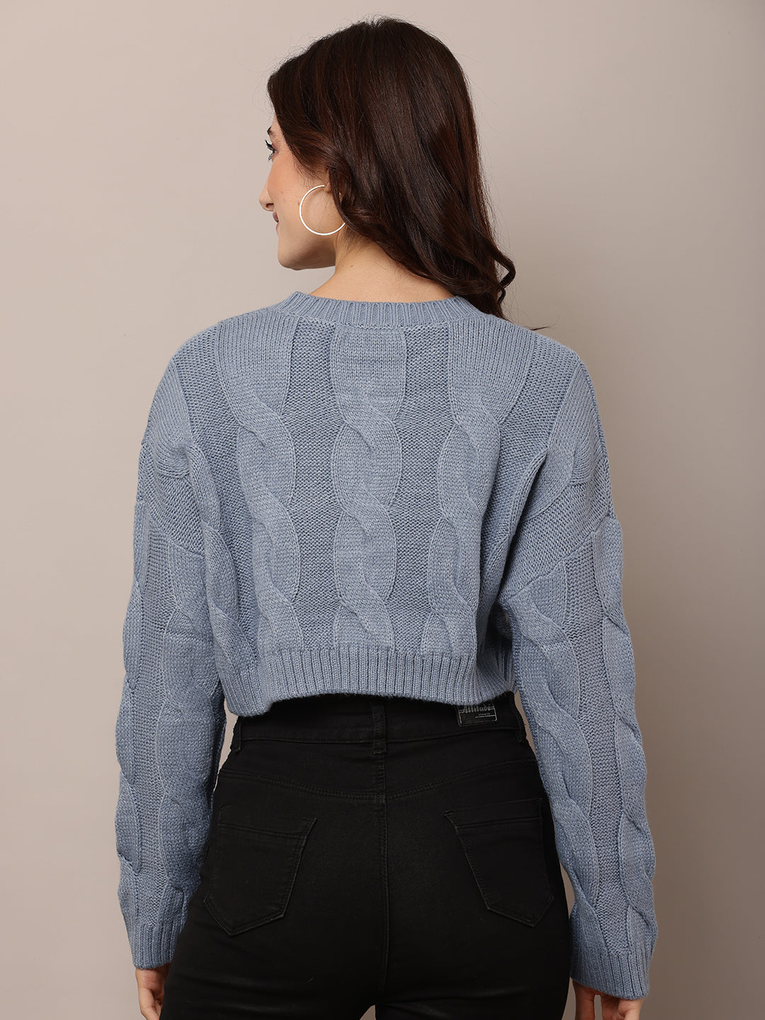 Acrylic Full Sleeve with Round Neck Blue Crop Sweater