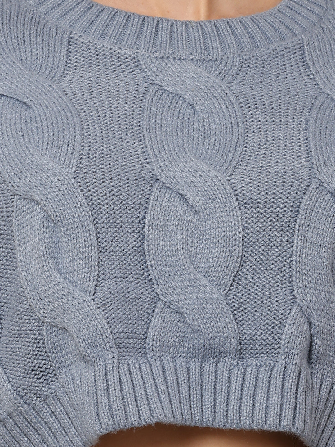 Acrylic Full Sleeve with Round Neck Blue Crop Sweater