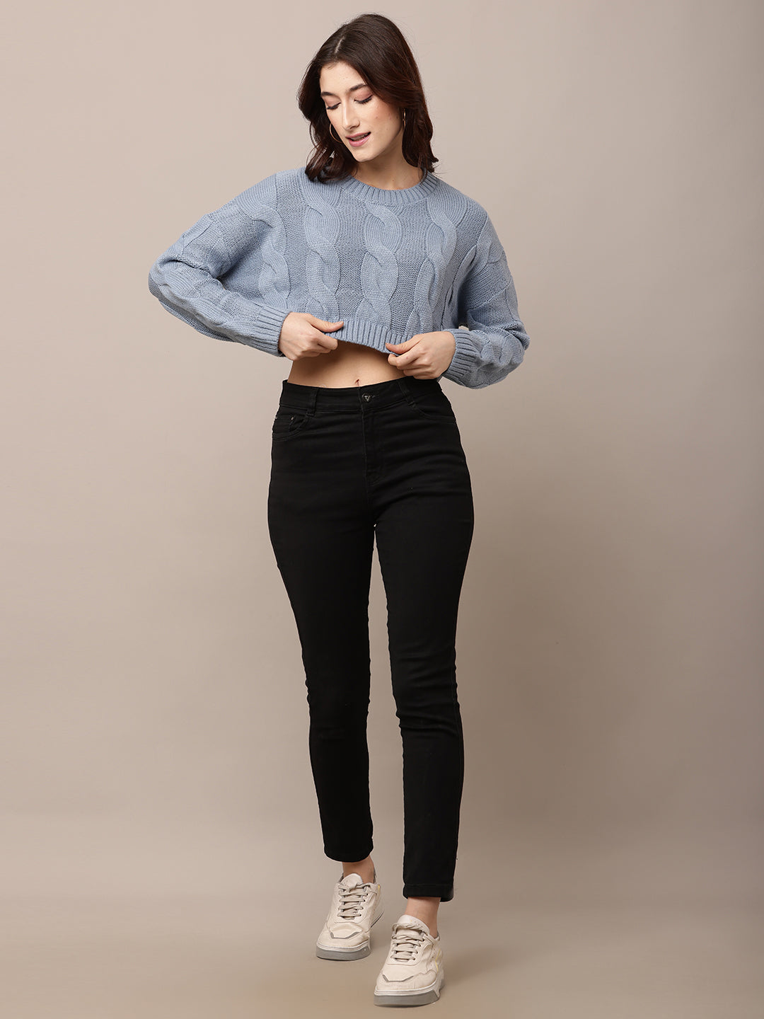 Acrylic Full Sleeve with Round Neck Blue Crop Sweater