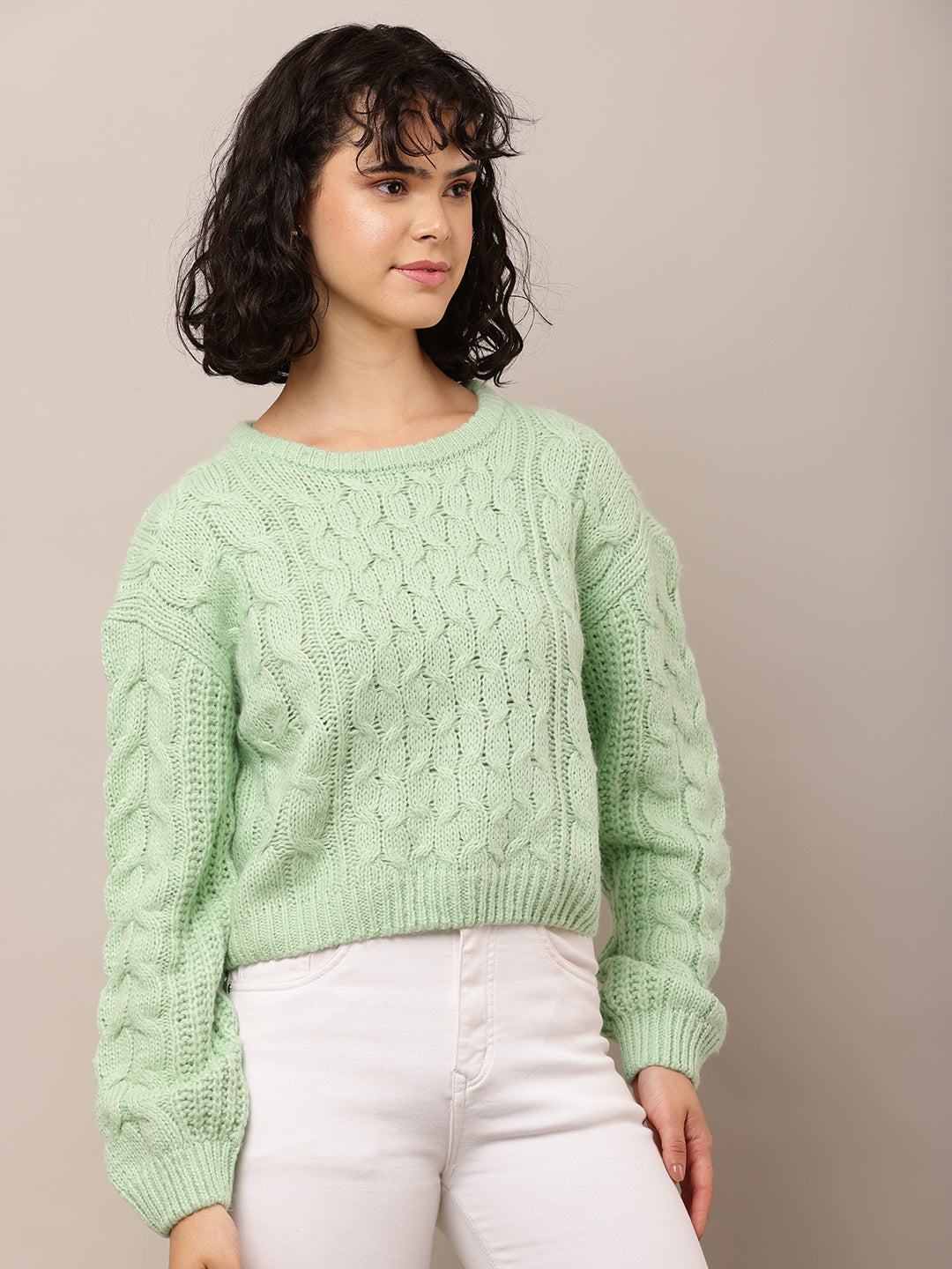 Acrylic Full Sleeve with Round Neck Cable knit Sea Green sweater
