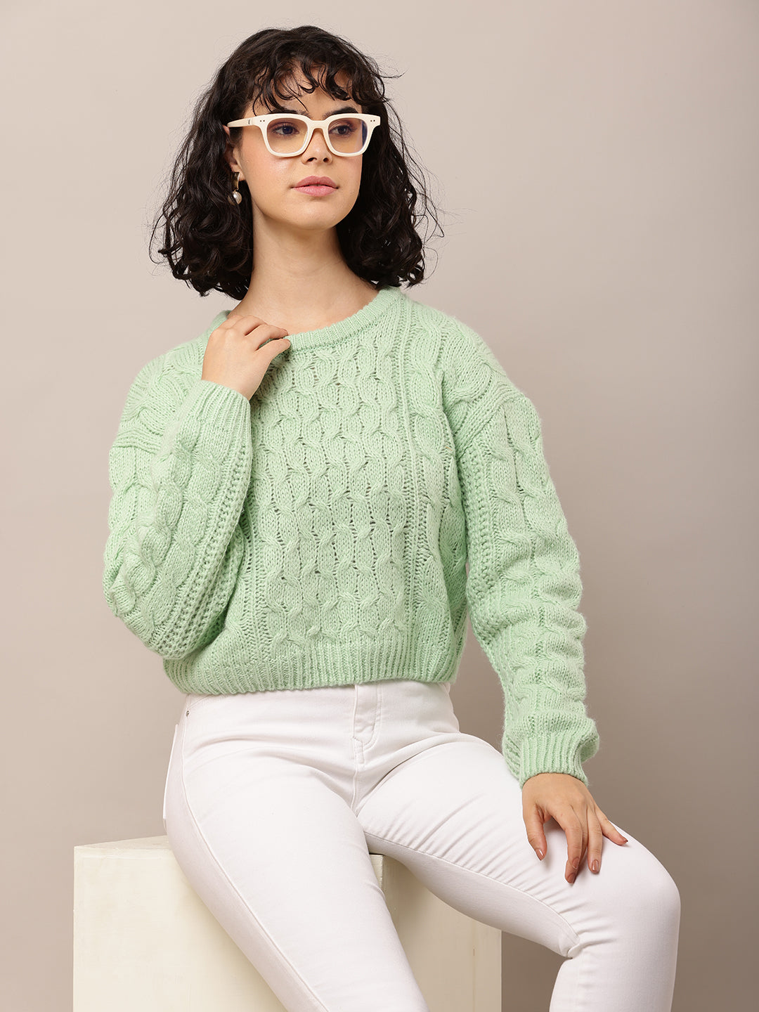 Acrylic Full Sleeve with Round Neck Cable knit Sea Green sweater