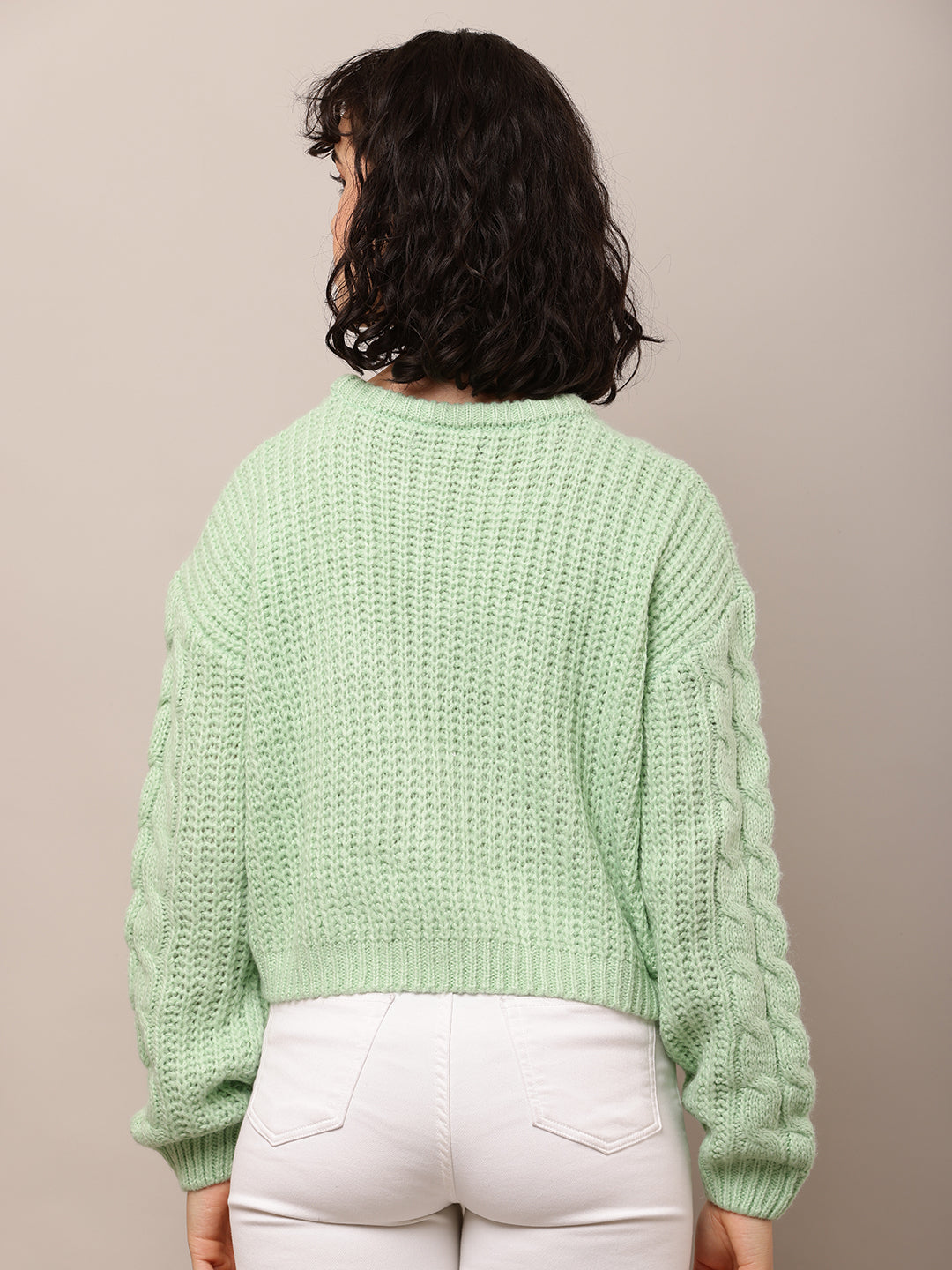 Acrylic Full Sleeve with Round Neck Cable knit Sea Green sweater