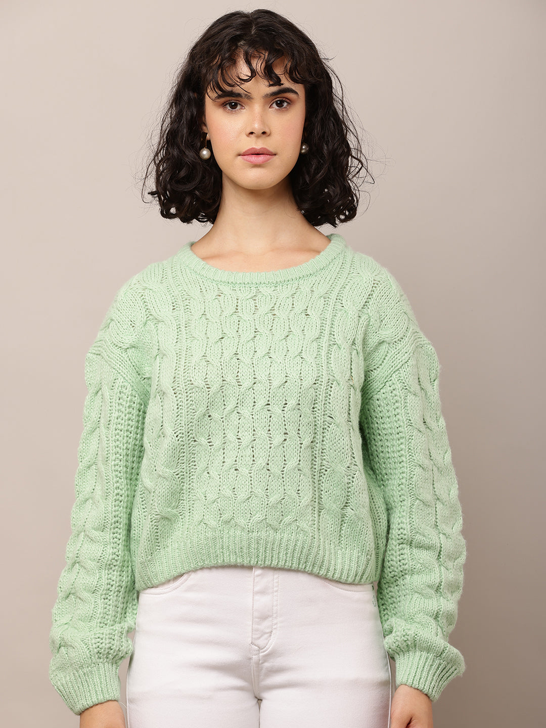 Acrylic Full Sleeve with Round Neck Cable knit Sea Green sweater
