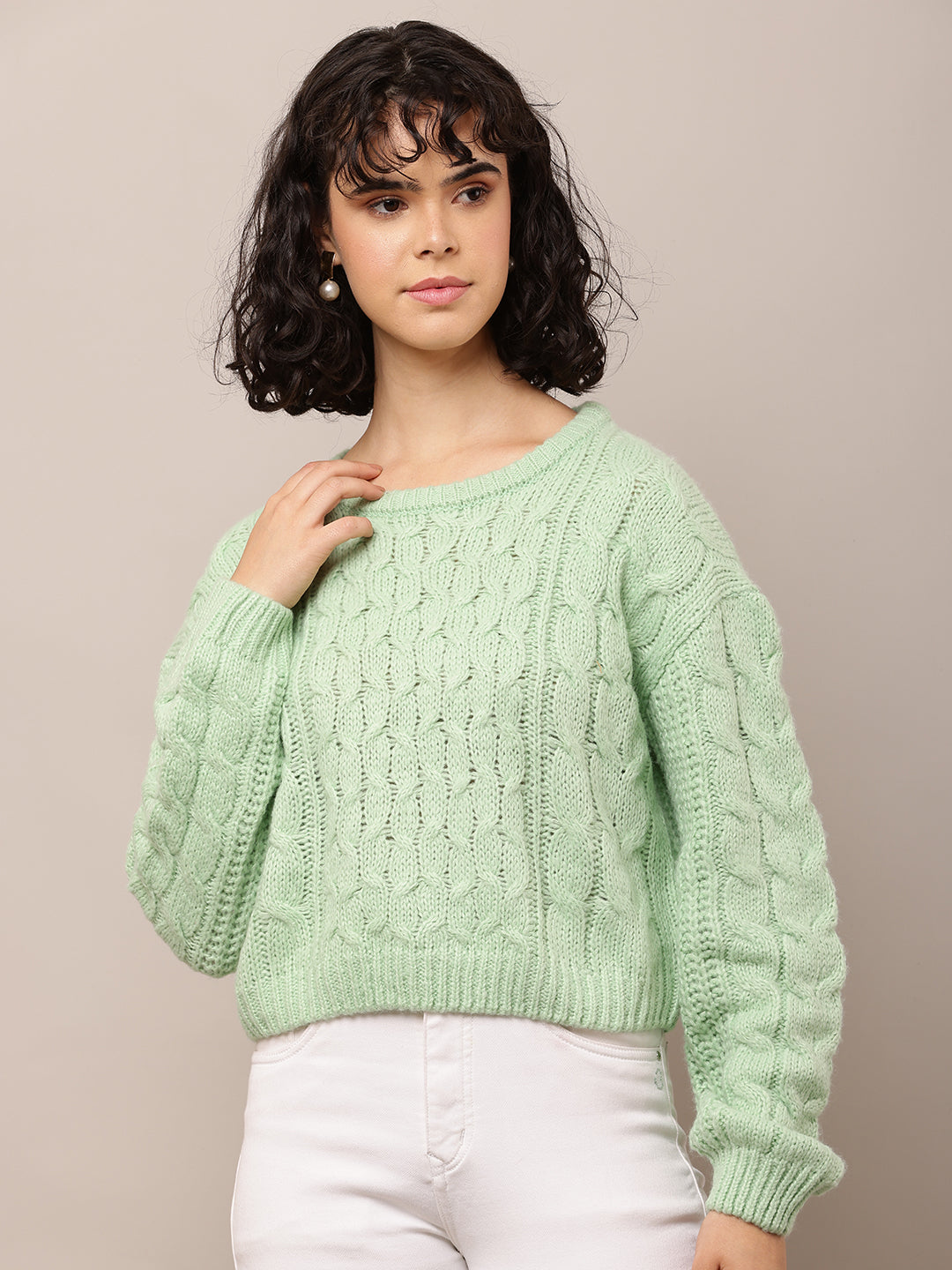 Acrylic Full Sleeve with Round Neck Cable knit Sea Green sweater