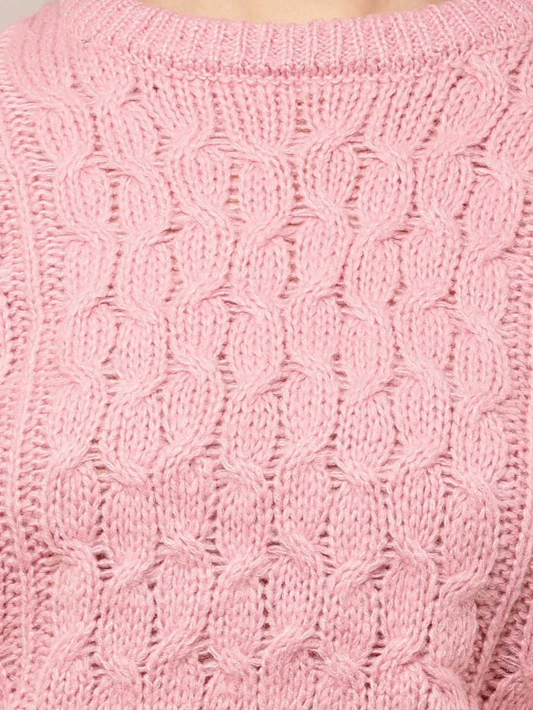 Acrylic Full Sleeve with Round Neck Cable knit Pink sweater